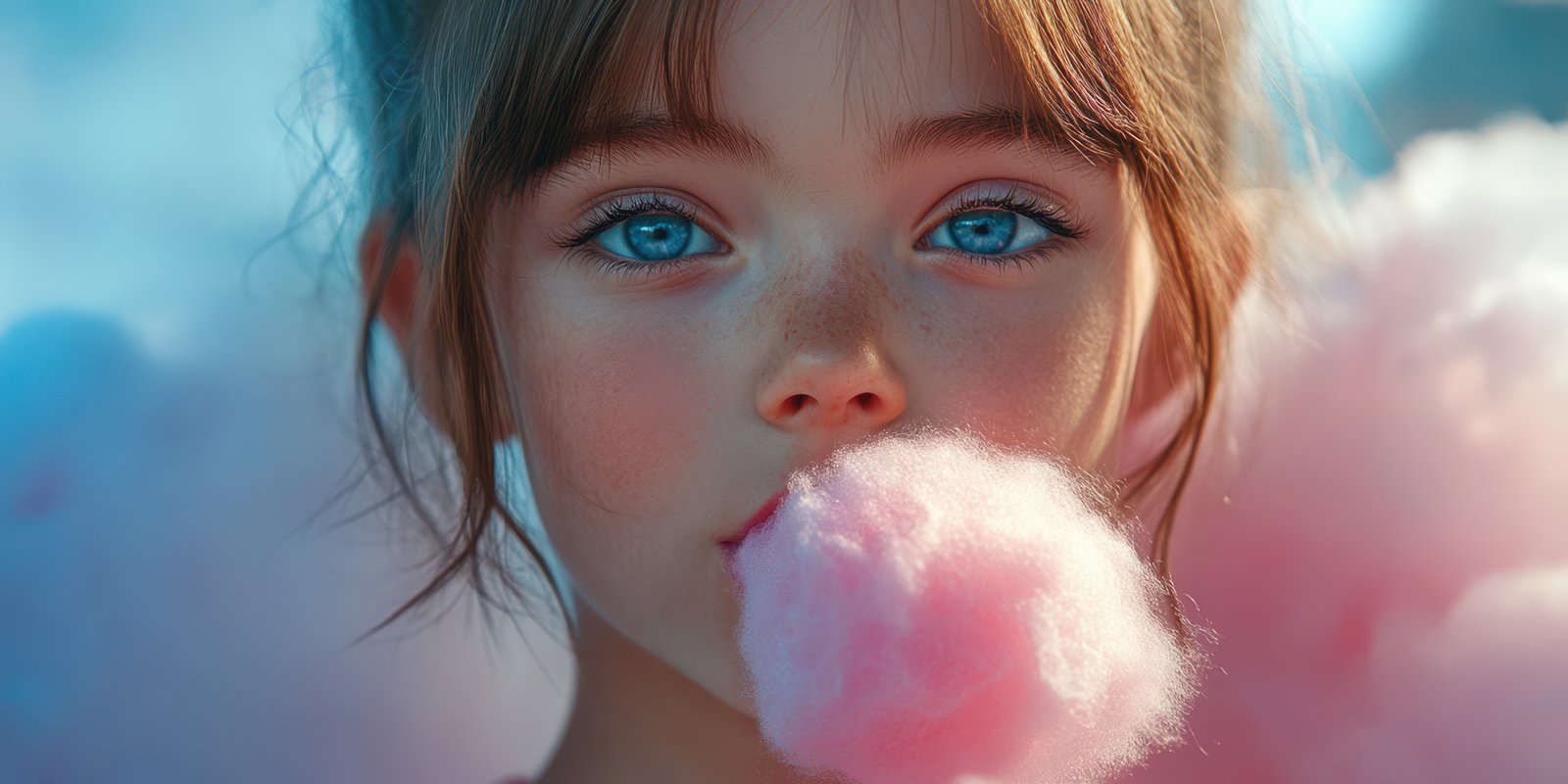 Girl enjoying cotton candy with bright blue eyes and playful smile at a fair in the afternoon light